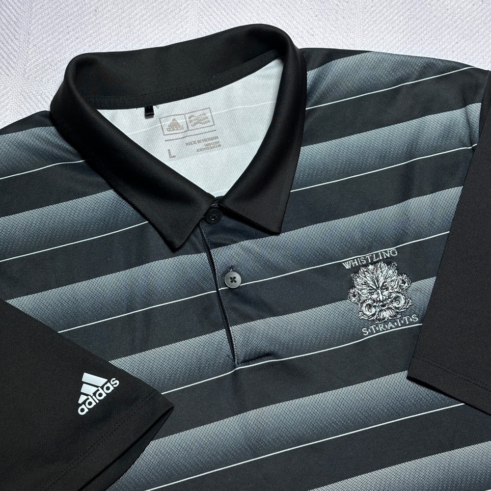 Adidas Polo Golf Shirt Men Large Whistling Straits Performance Striped Black
